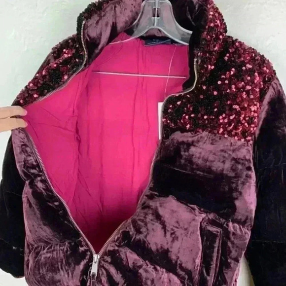 NWT Anthropologie Maeve Vera Sequined Velvet Puffer Red Wine Sparkle Jacket XS - Picture 9 of 9